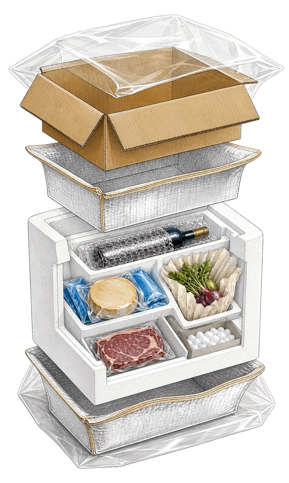 Exploded cutaway of a nationwide parcel with an outer wrapper, cardboard carton, insulated styrofoam box, bubble-wrapped wine, vacuum-packed cheese with gel packs, paper-protected produce, and vacuum-packed steak beside isolated dry ice